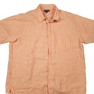 Lands End Linen Button Up Shirt Orange Peach Short Sleeve XL 17-17‎ 1/2 Resort